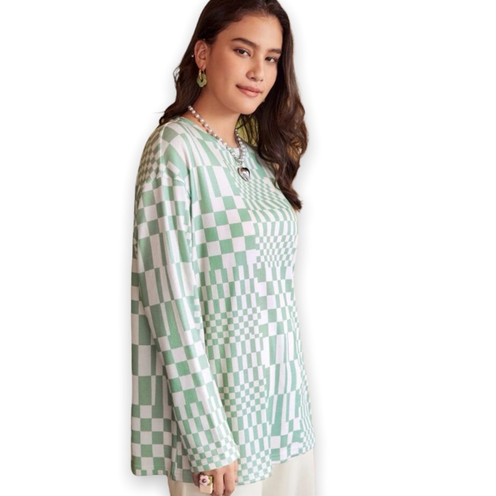 New Green White Super Soft Drop Shoulder Long Sleeve Checkered Plaid Print Tee